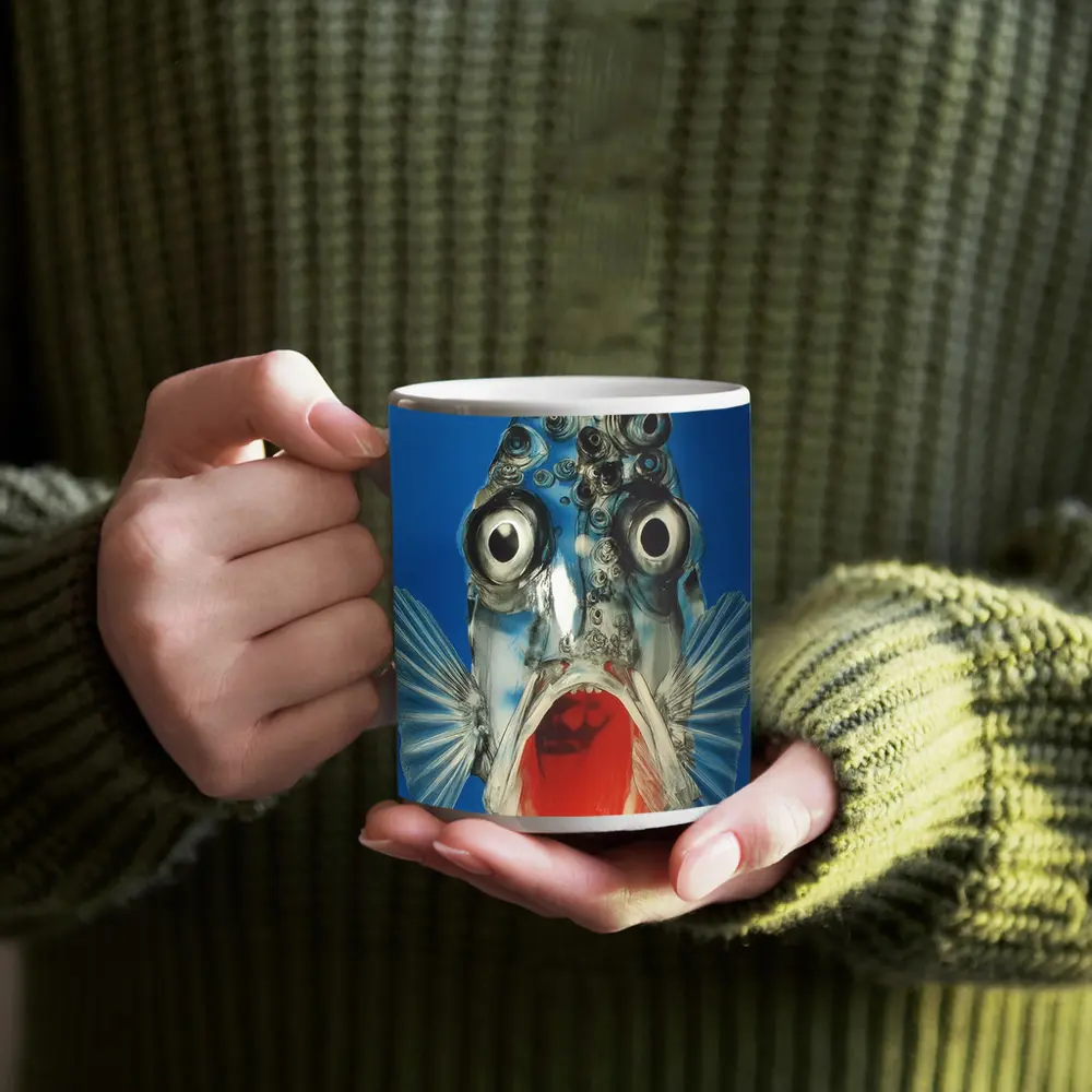 Surreal Fish Wide Open Mouth Blue Background – Mugs