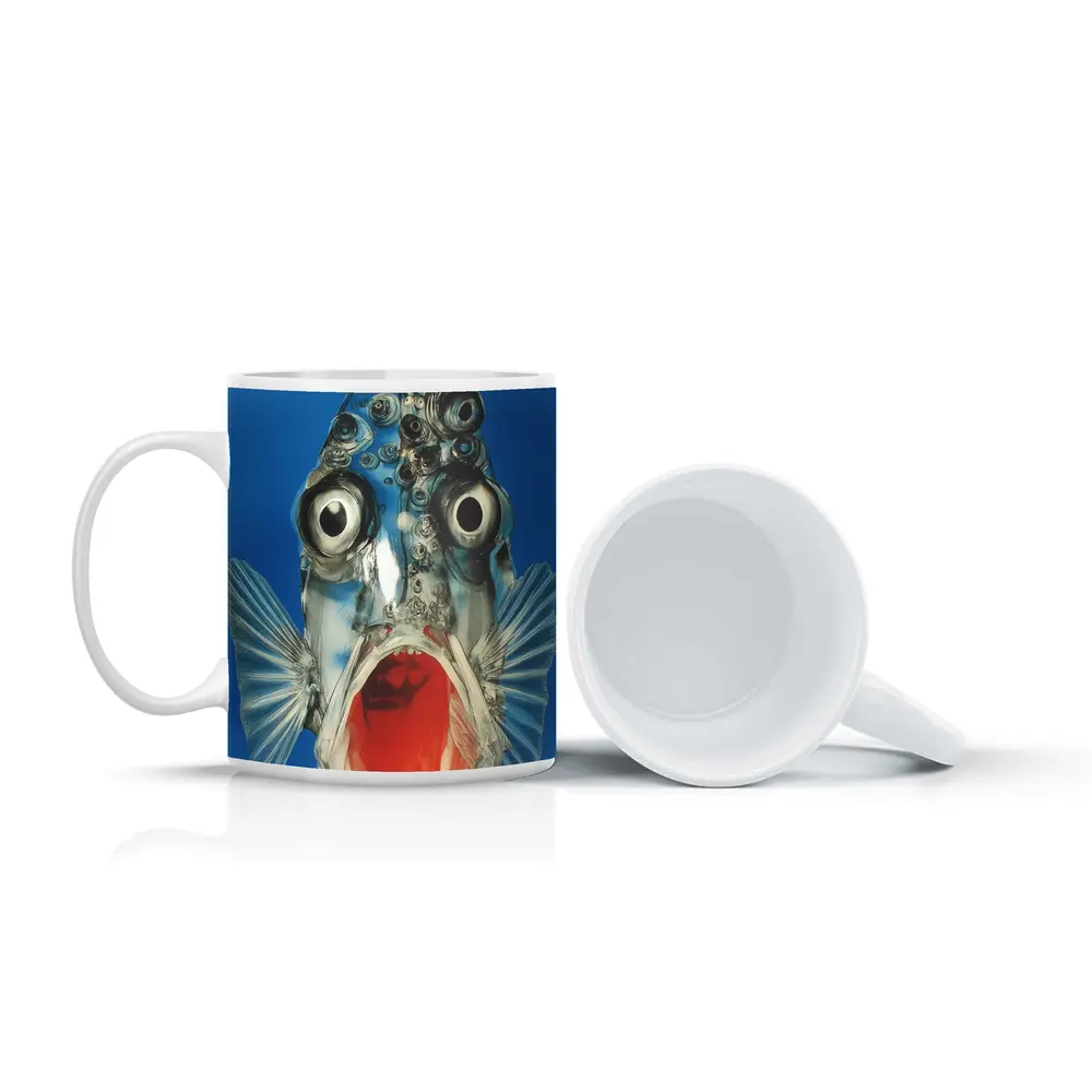 Surreal Fish Wide Open Mouth Blue Background – Mugs