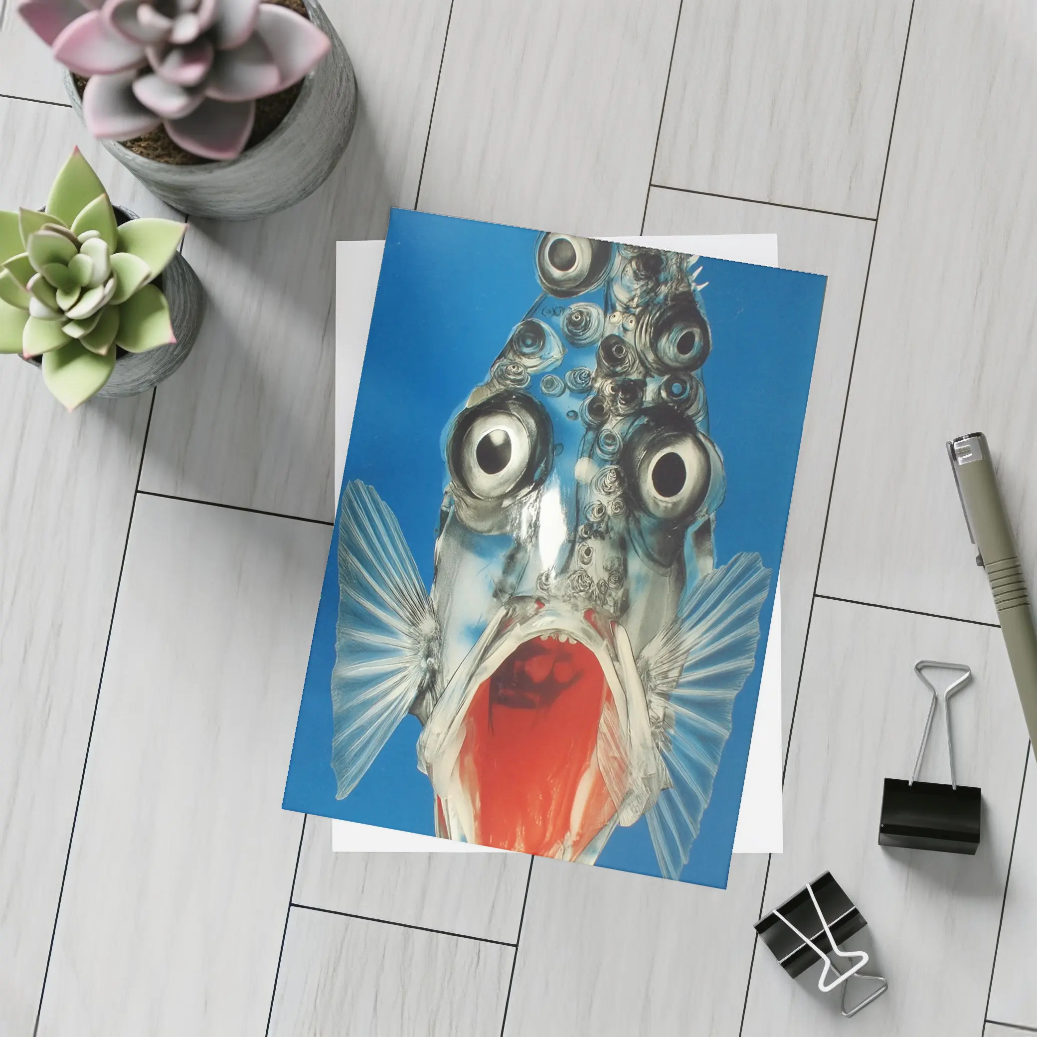 Surreal Fish Wide Open Mouth Blue Background – Postcards