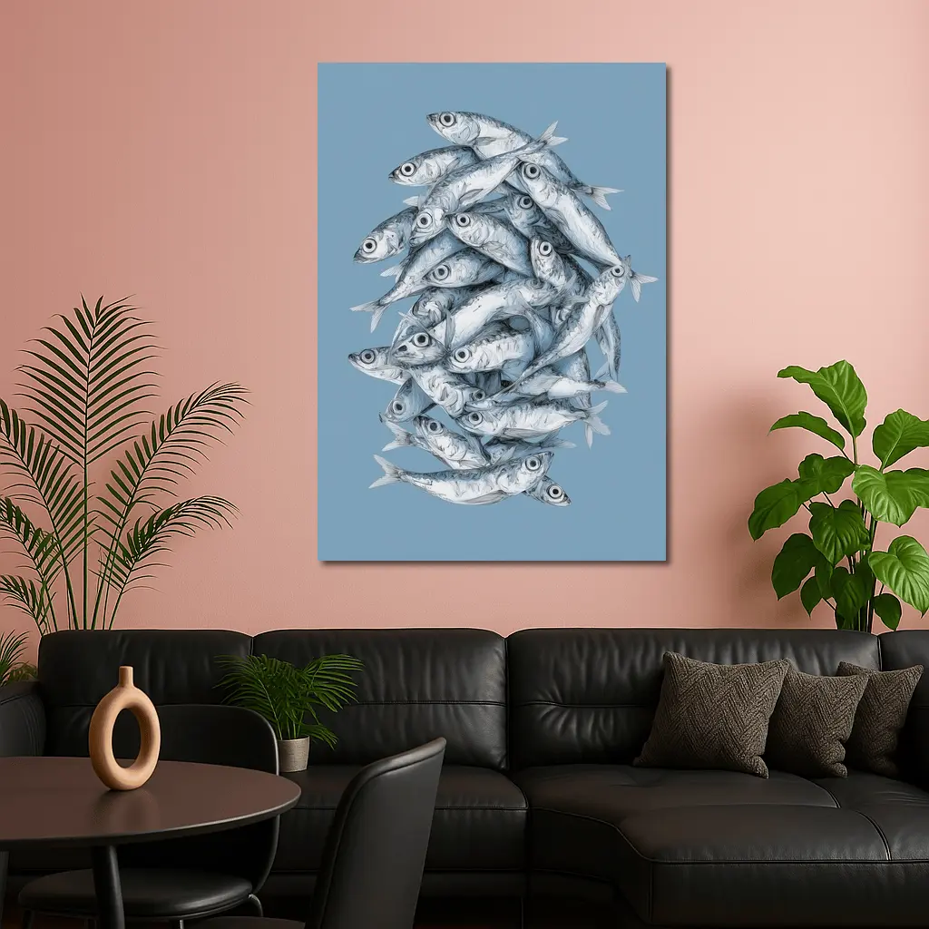 School of Sardines Blue Illustrated Fish Art – Wall Art
