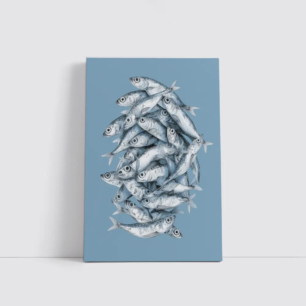 School of Sardines Blue Illustrated Fish Art – Wall Art