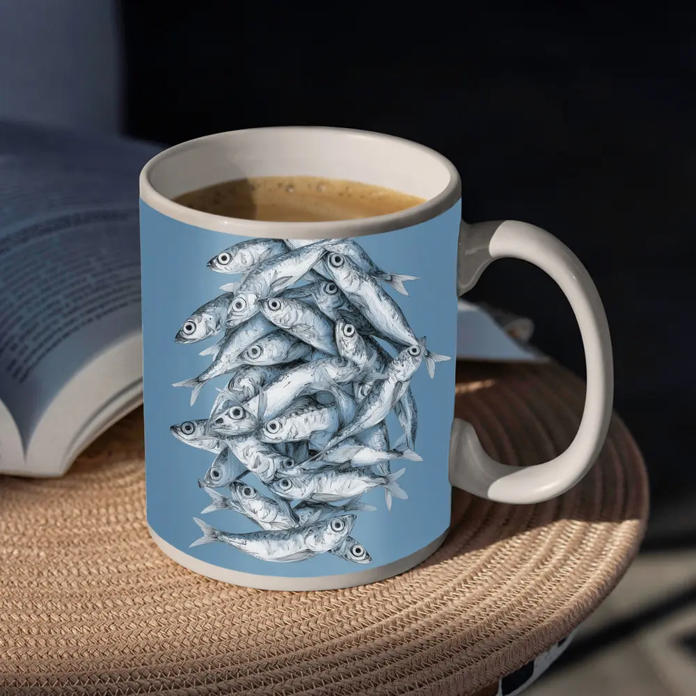 School of Sardines Blue Illustrated Fish Art – Mugs