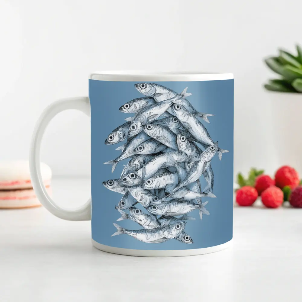 School of Sardines Blue Illustrated Fish Art – Mugs
