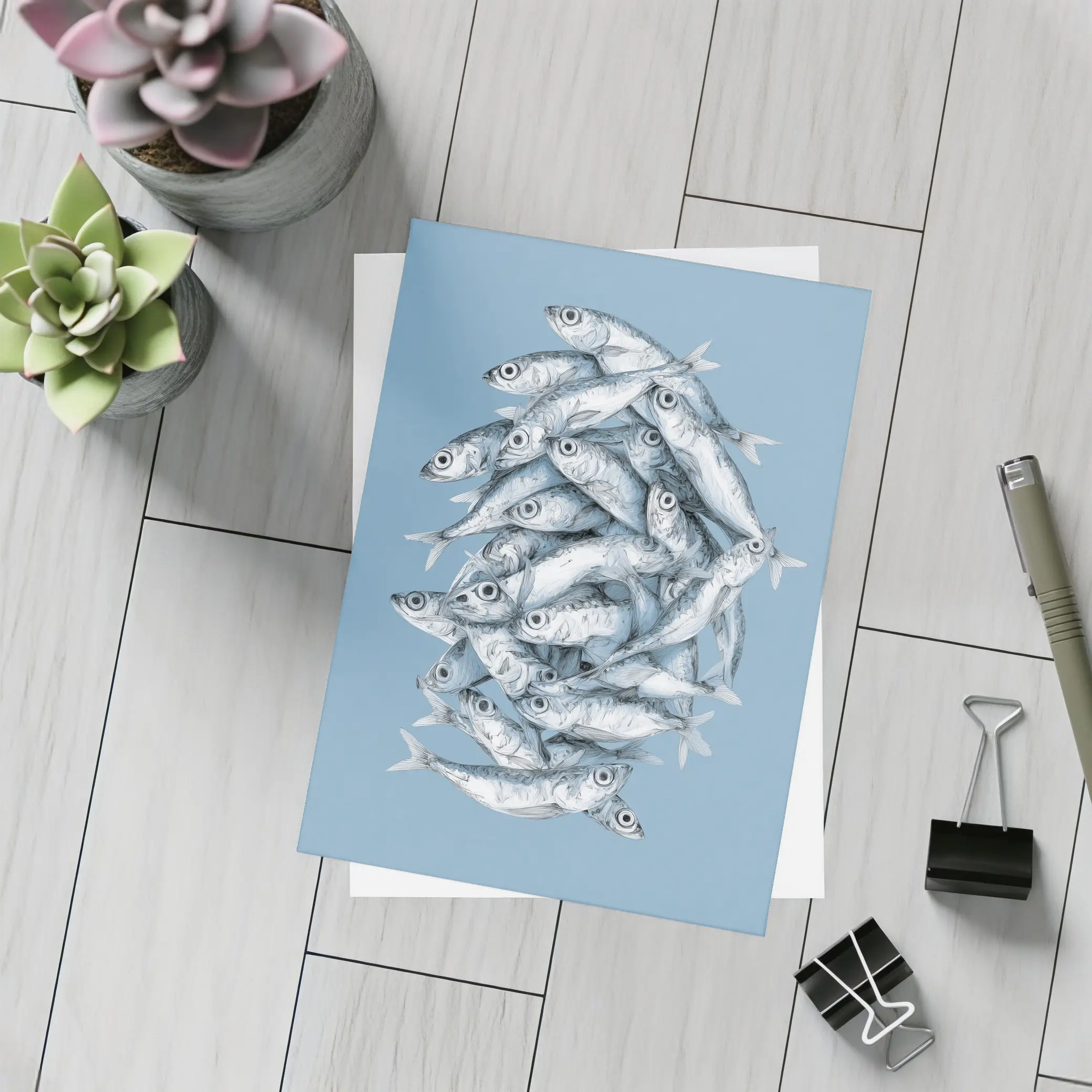 School of Sardines Blue Illustrated Fish Art – Postcards