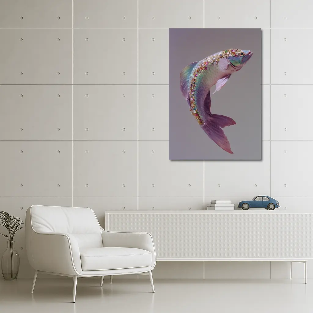 Jeweled Fish Leaping Purple Gray Background – Wall Art