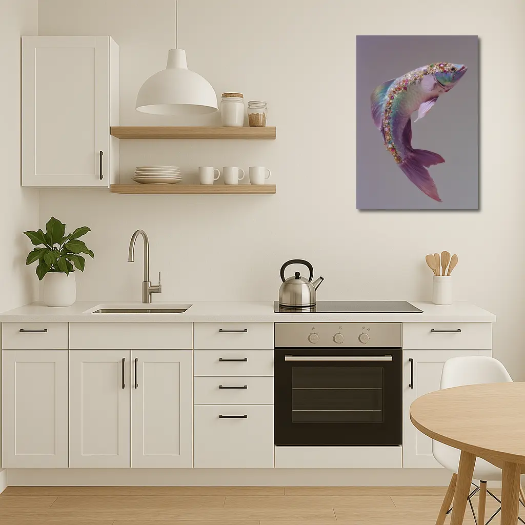 Jeweled Fish Leaping Purple Gray Background – Wall Art