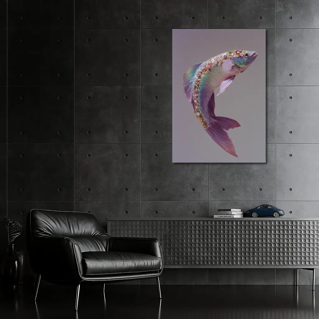 Jeweled Fish Leaping Purple Gray Background – Wall Art