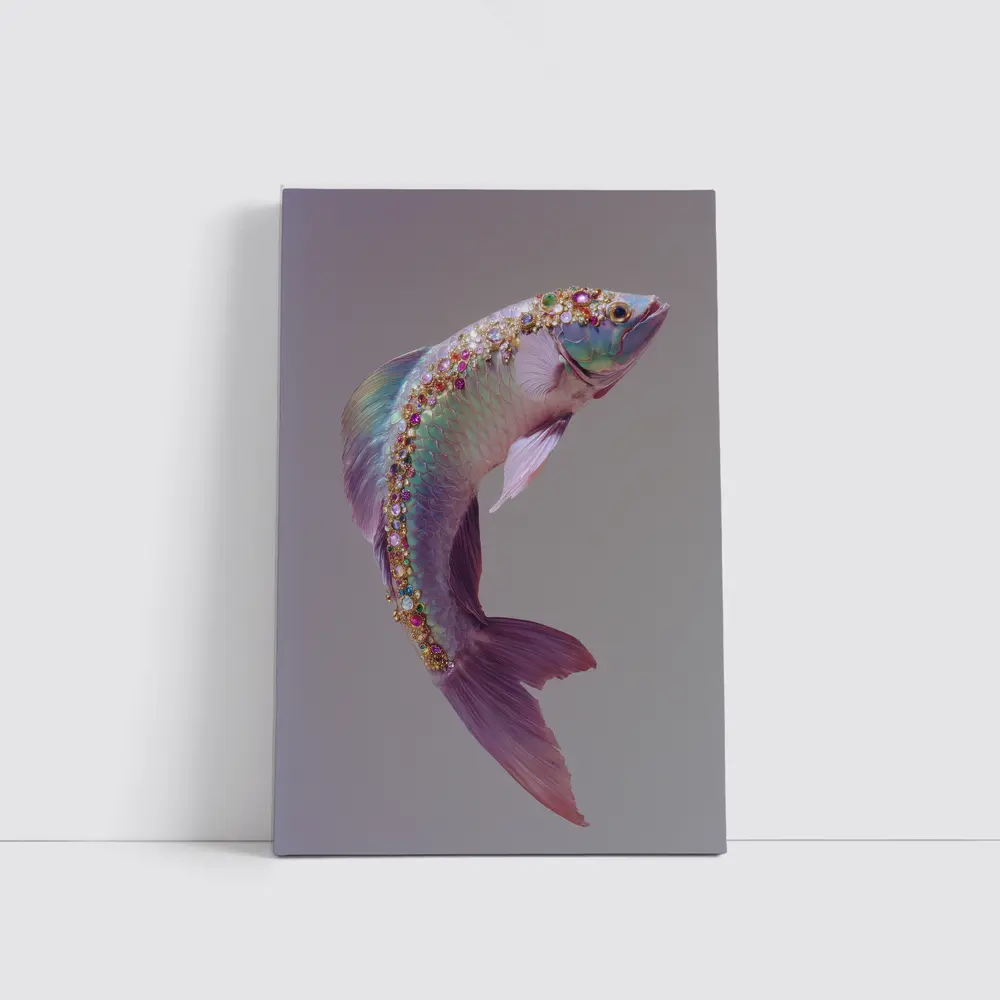 Jeweled Fish Leaping Purple Gray Background – Wall Art