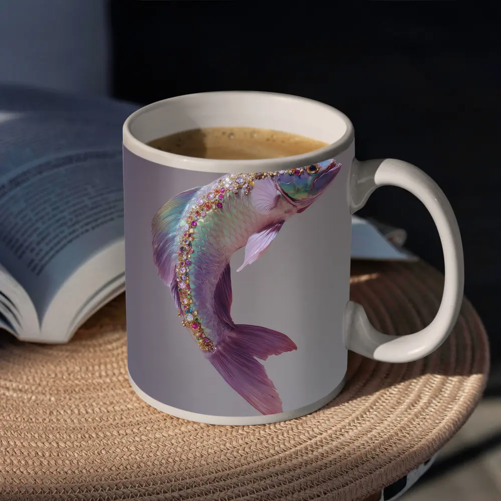 Jeweled Fish Leaping Purple Gray Background – Mugs