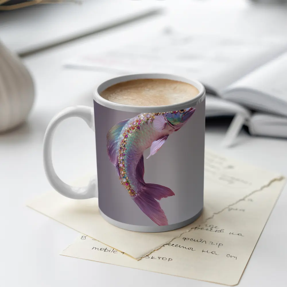 Jeweled Fish Leaping Purple Gray Background – Mugs