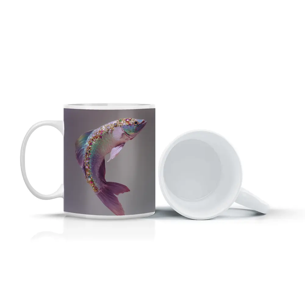 Jeweled Fish Leaping Purple Gray Background – Mugs