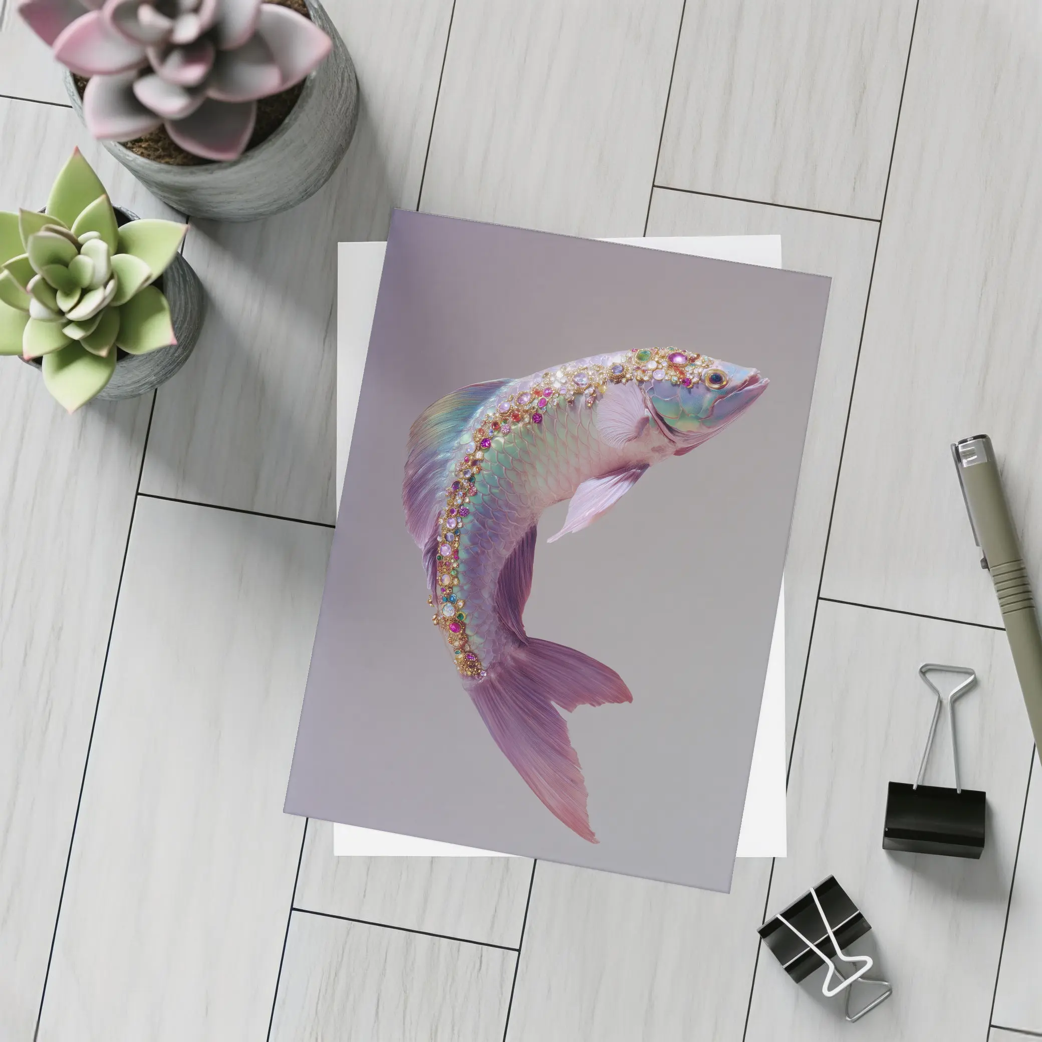 Jeweled Fish Leaping Purple Gray Background – Postcards
