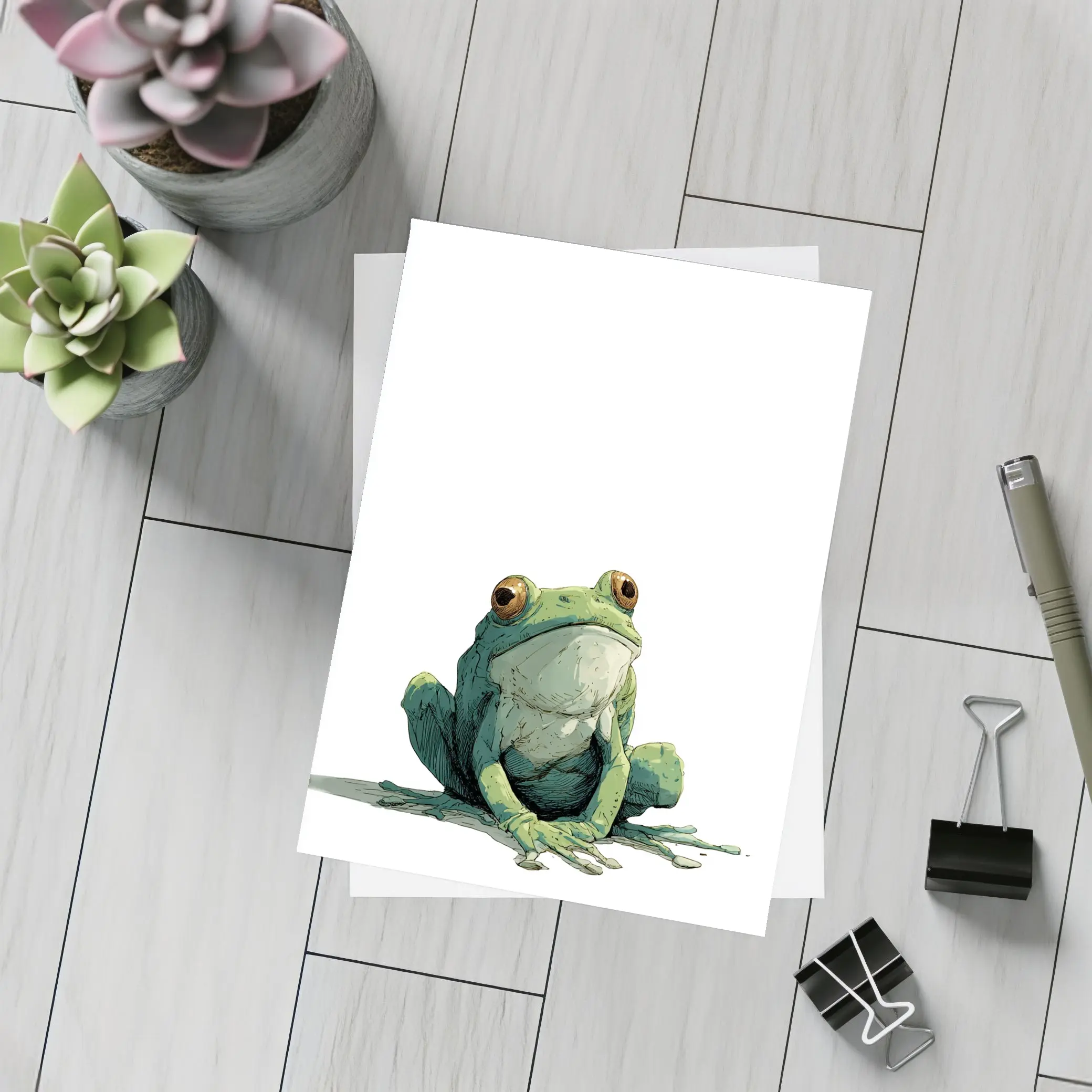 Green Tree Frog Sitting White Background Illustration – Postcards
