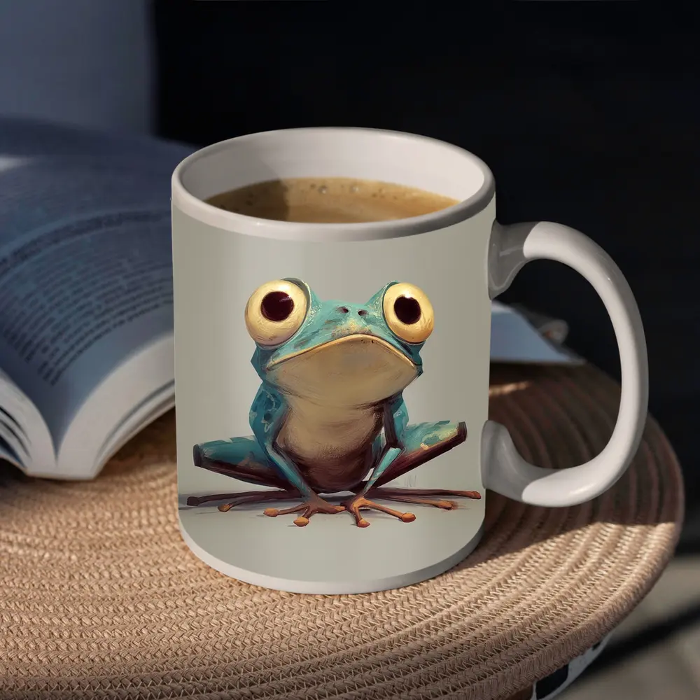 Cartoon Blue Tree Frog Gray Background – Mugs