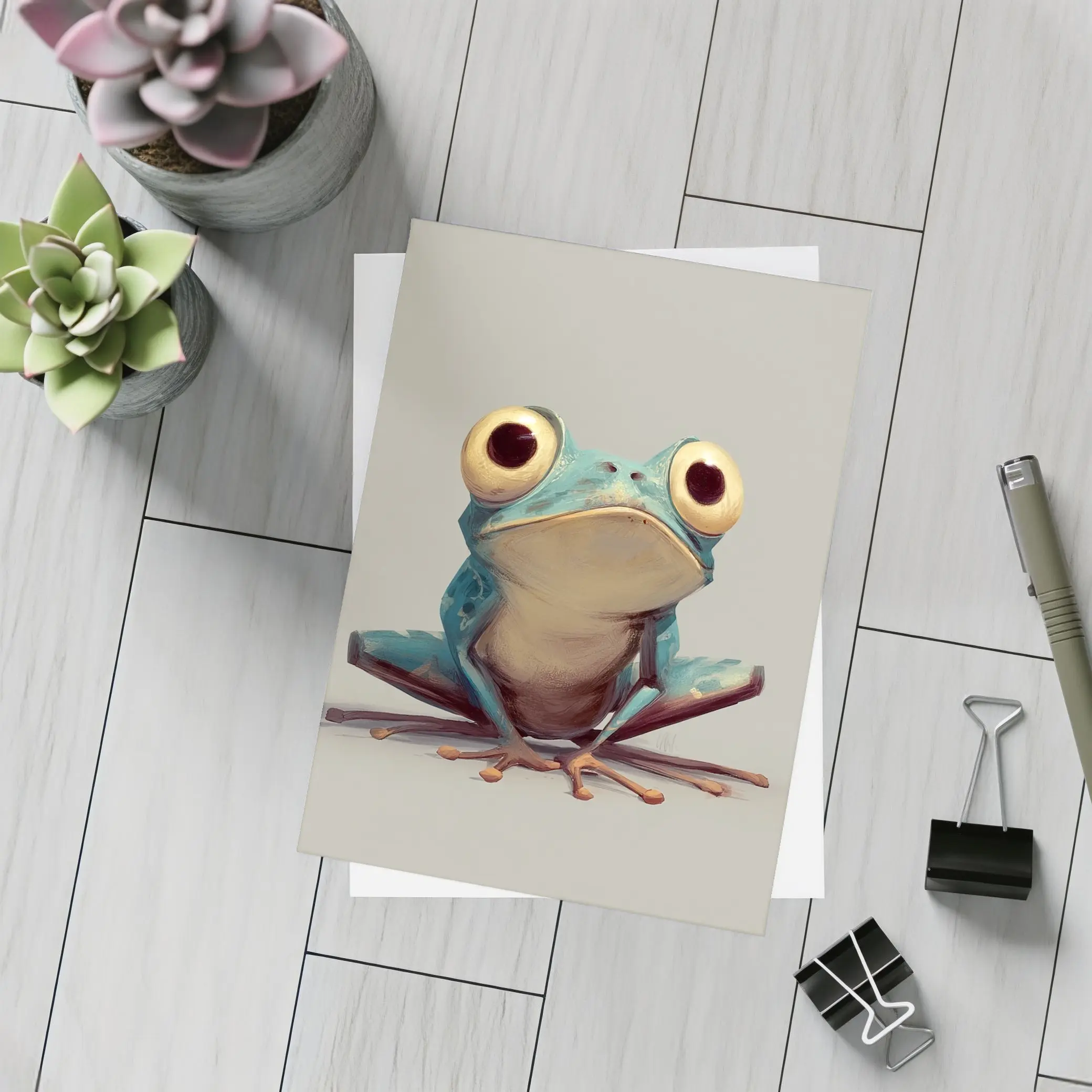 Cartoon Blue Tree Frog Gray Background – Postcards