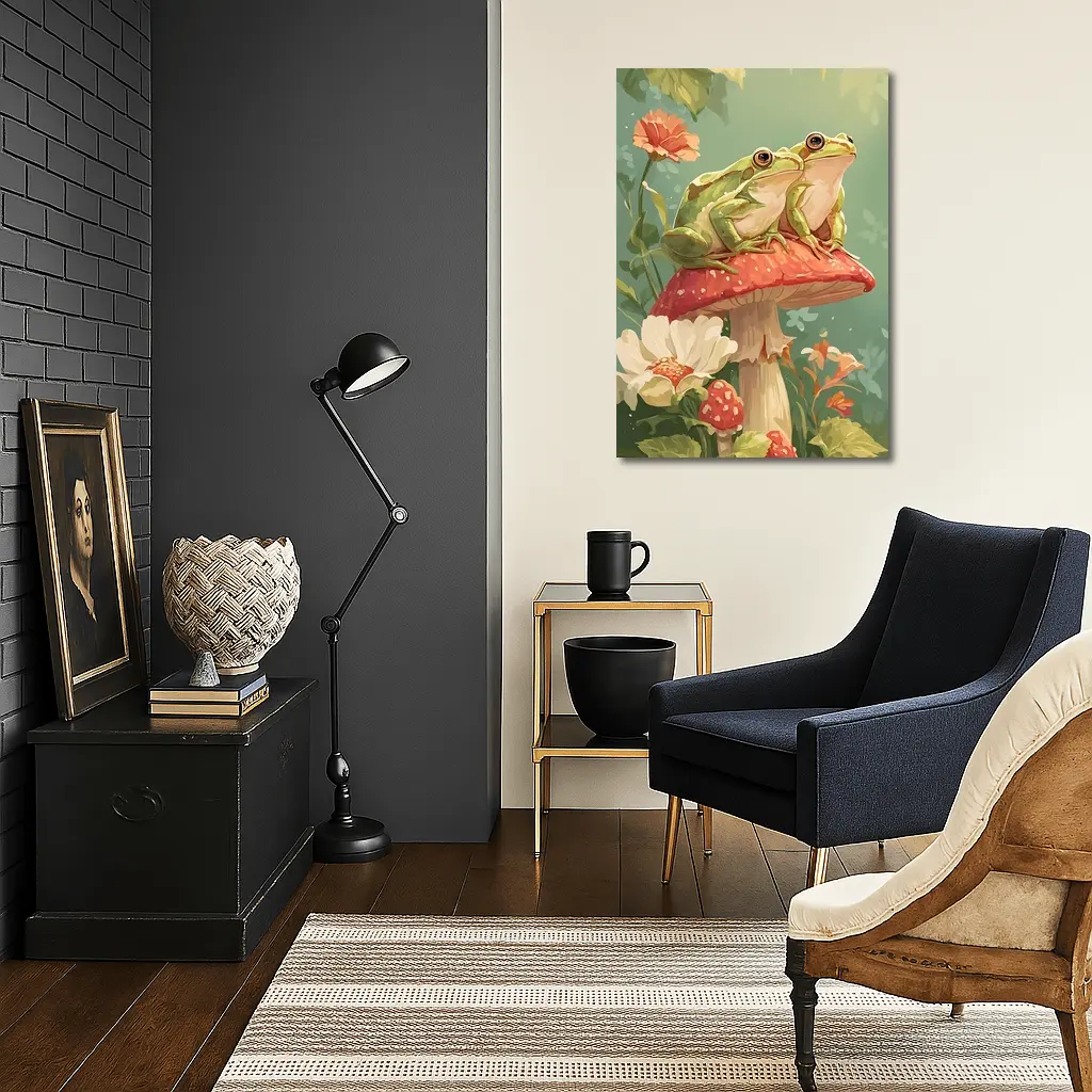Two Green Frogs Sitting On Red Mushroom – Wall Art
