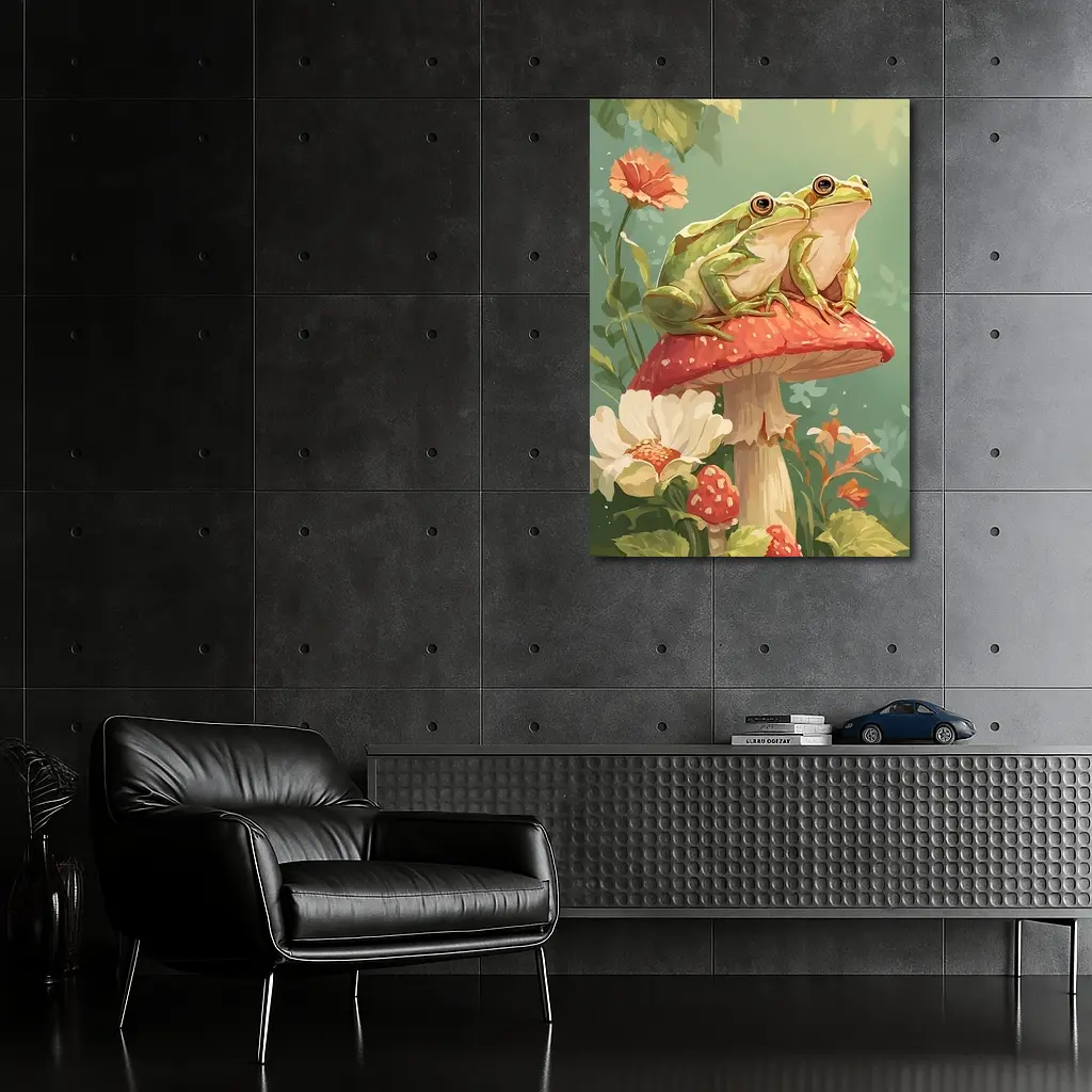 Two Green Frogs Sitting On Red Mushroom – Wall Art