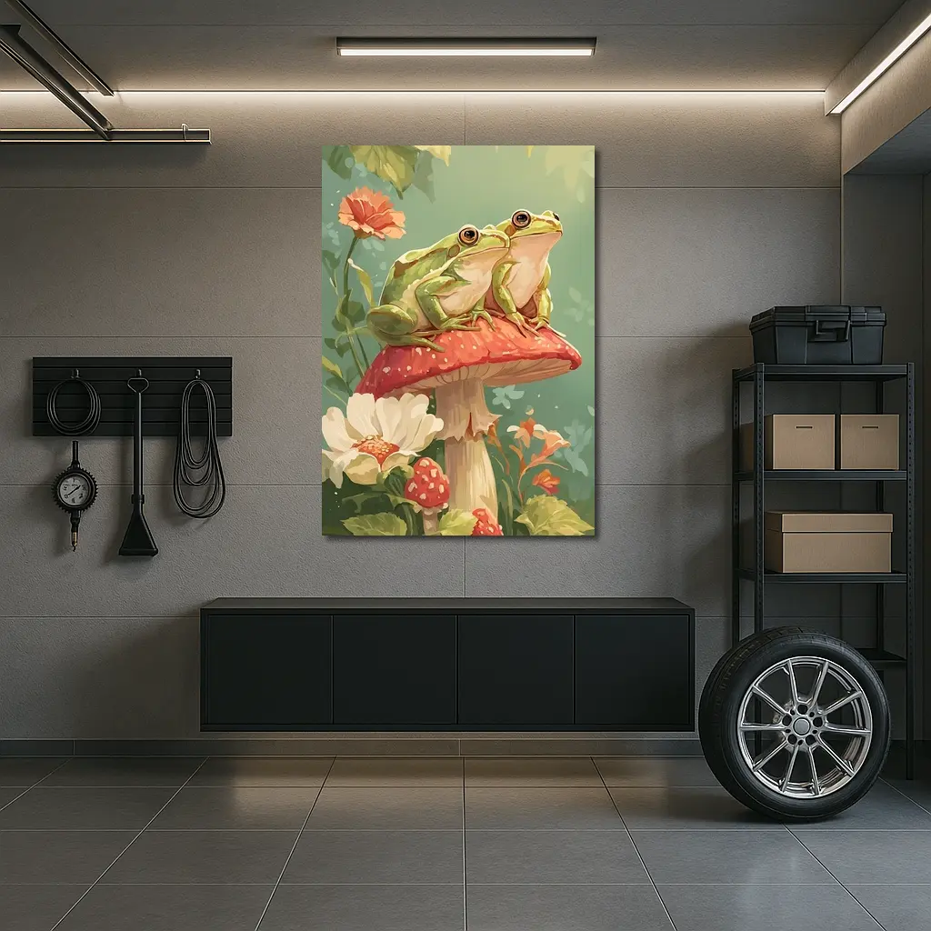 Two Green Frogs Sitting On Red Mushroom – Wall Art