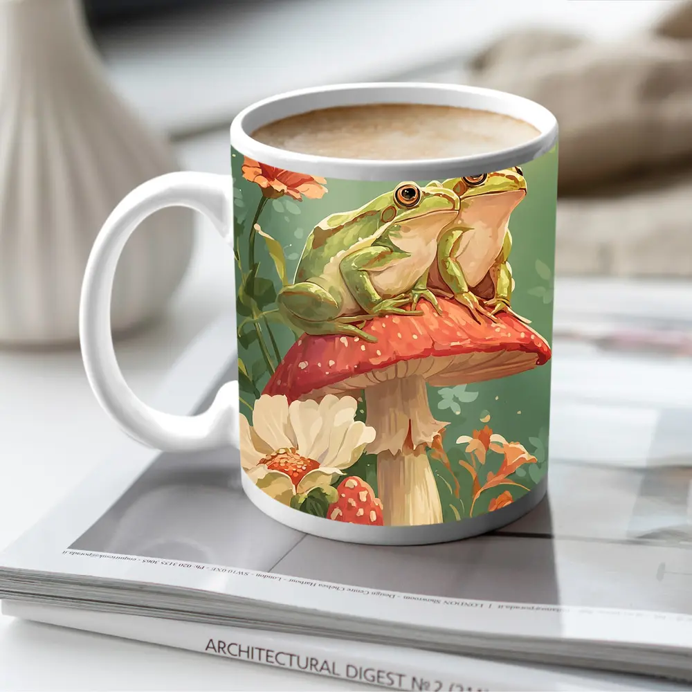 Two Green Frogs Sitting On Red Mushroom – Mugs