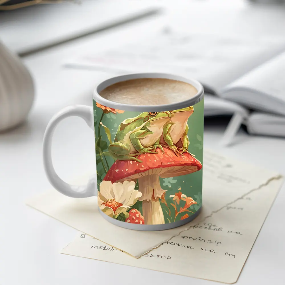 Two Green Frogs Sitting On Red Mushroom – Mugs