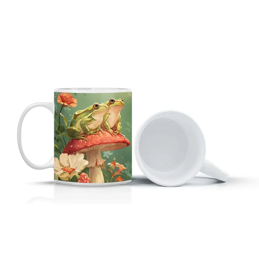 Two Green Frogs Sitting On Red Mushroom – Mugs
