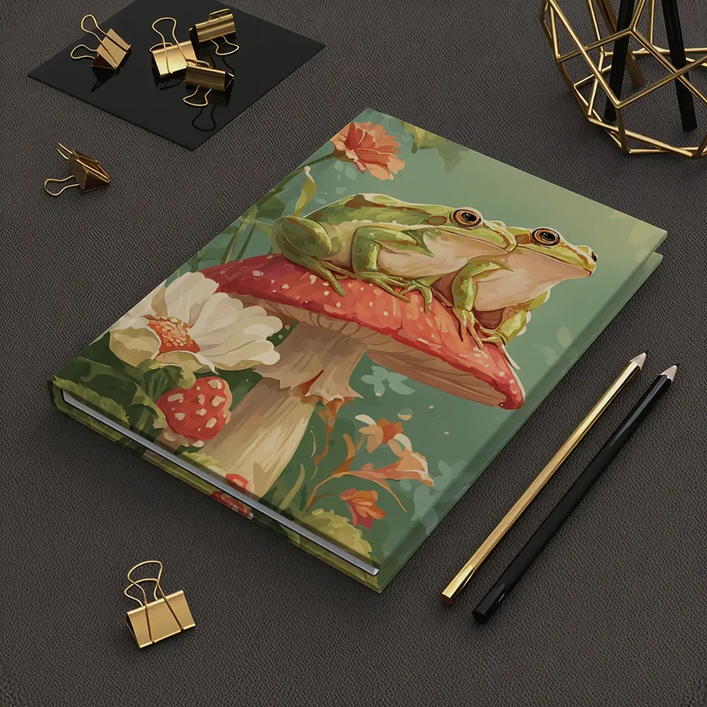 Two Green Frogs Sitting On Red Mushroom – Notebooks