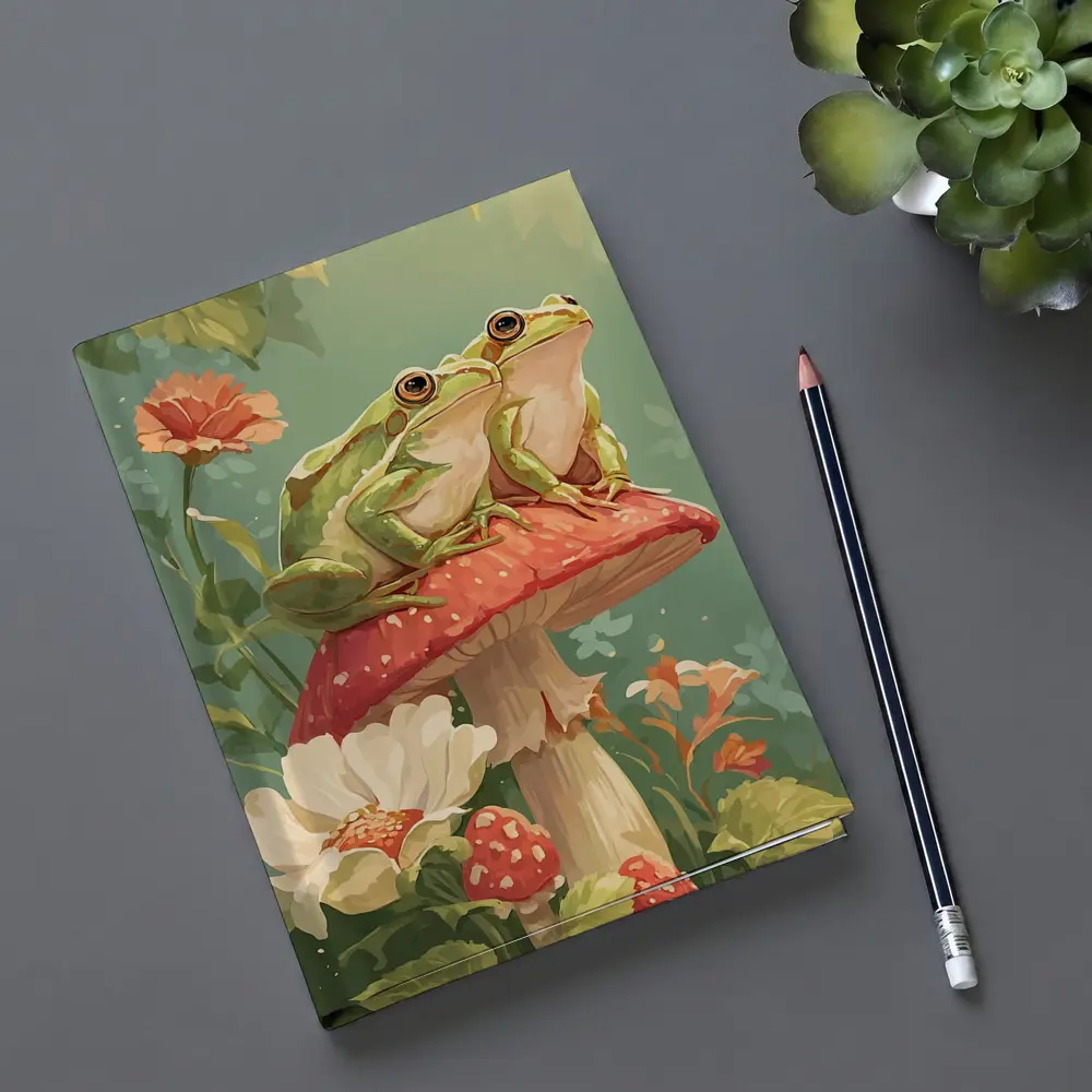 Two Green Frogs Sitting On Red Mushroom – Notebooks