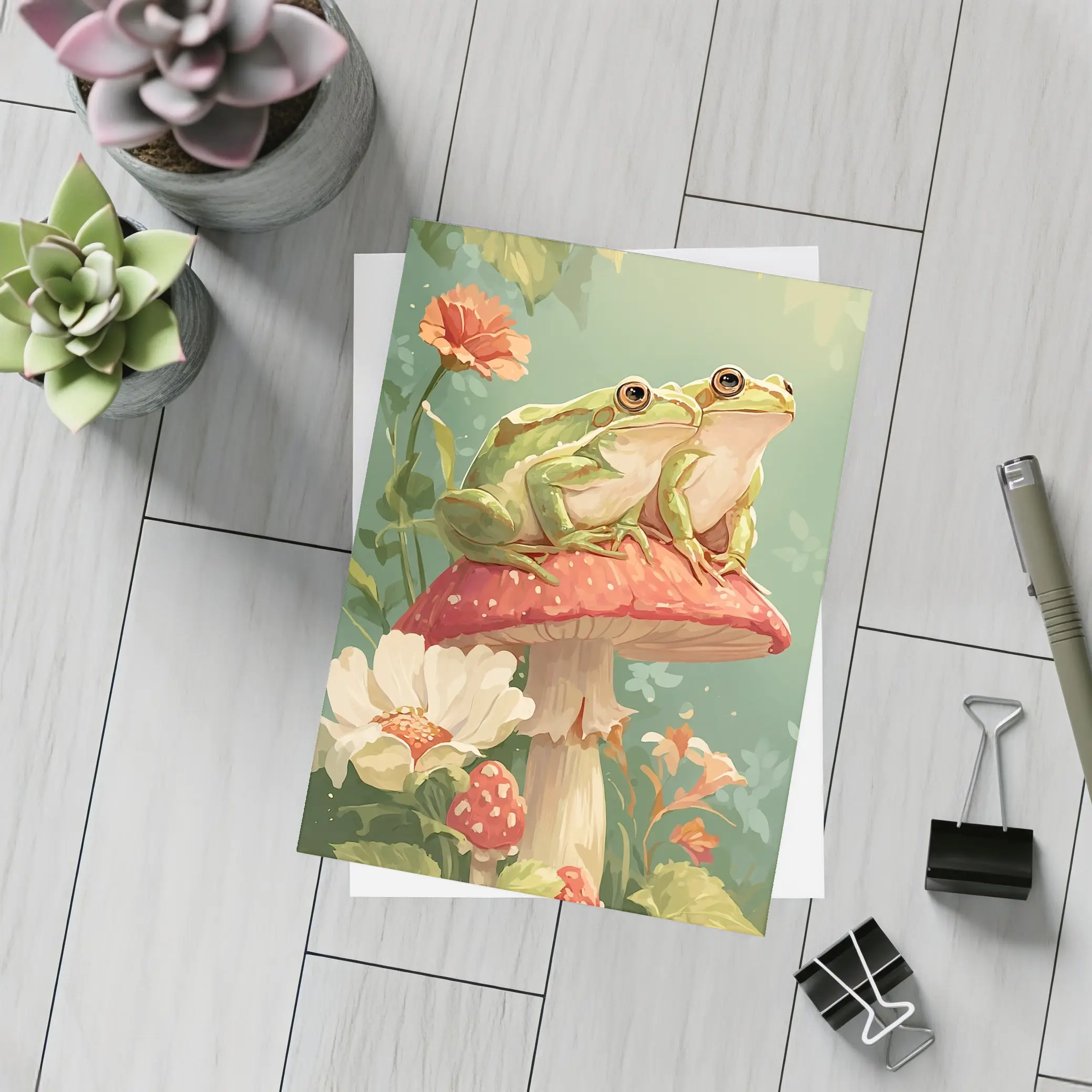 Two Green Frogs Sitting On Red Mushroom – Postcards