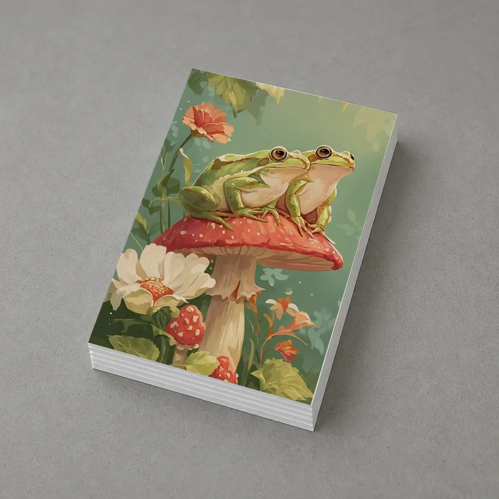 Two Green Frogs Sitting On Red Mushroom – Postcards