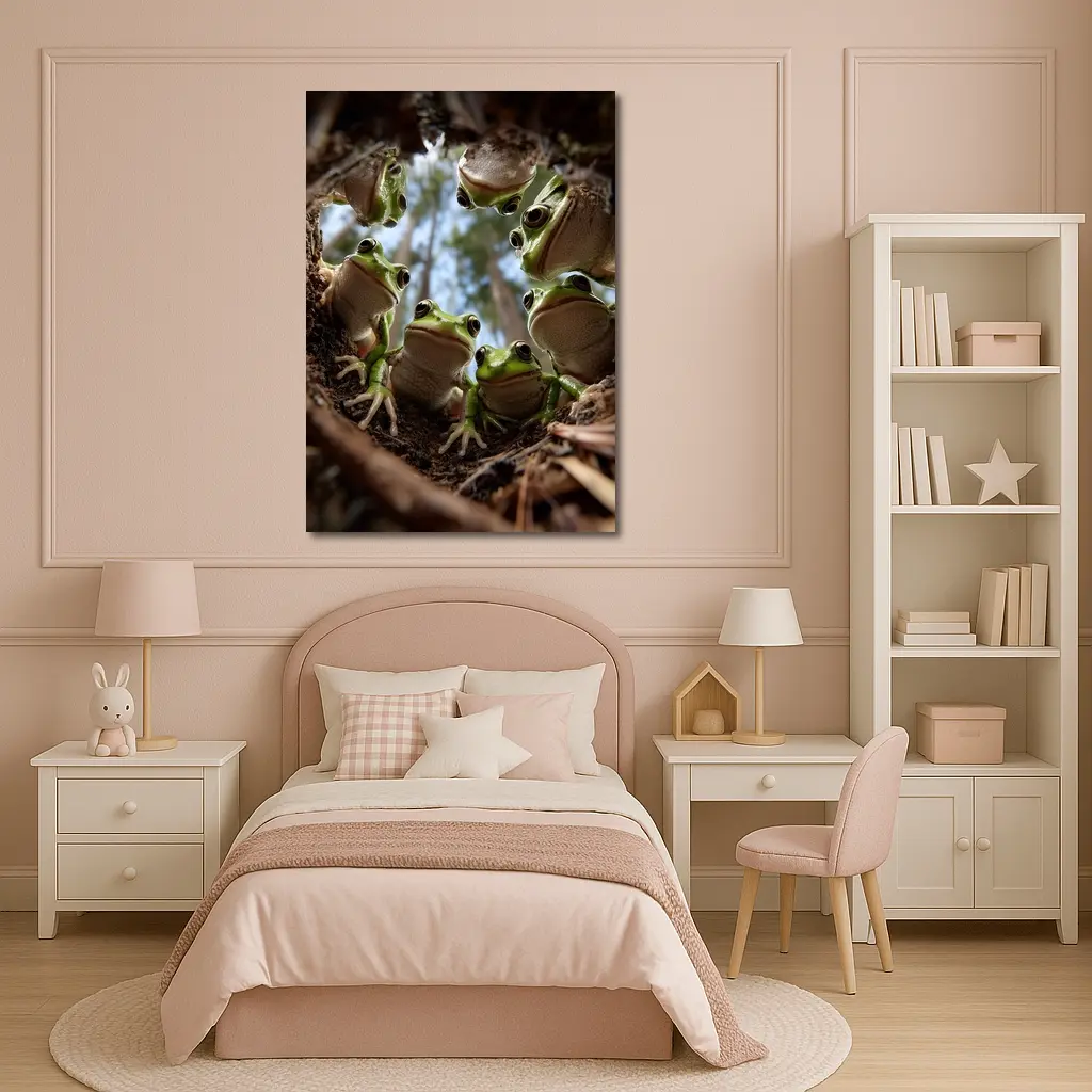 Green Tree Frogs Looking Up Forest – Wall Art