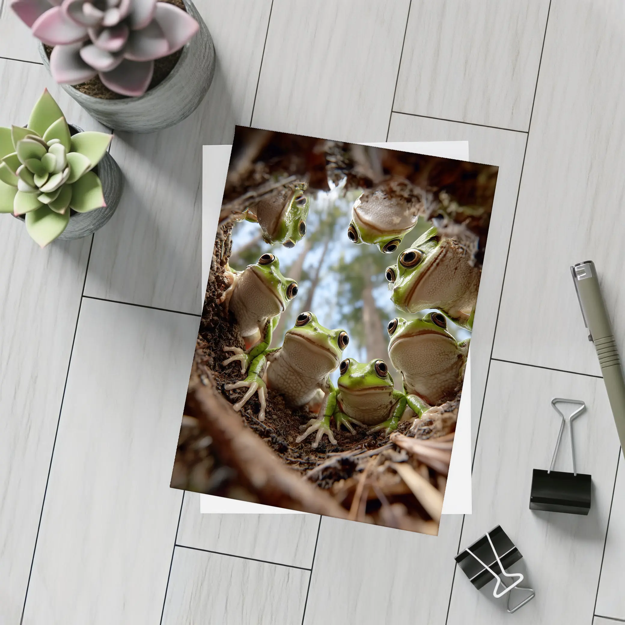 Green Tree Frogs Looking Up Forest – Postcards