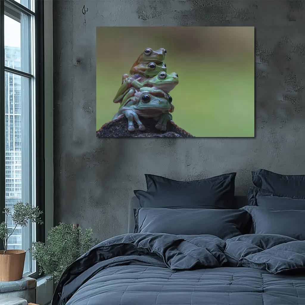 Three Green Tree Frogs Stacked Together – Wall Art