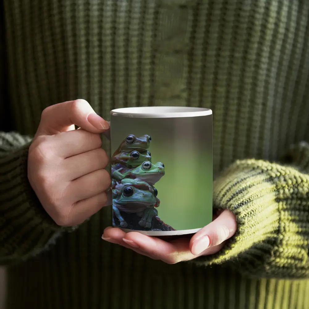Three Green Tree Frogs Stacked Together – Mugs
