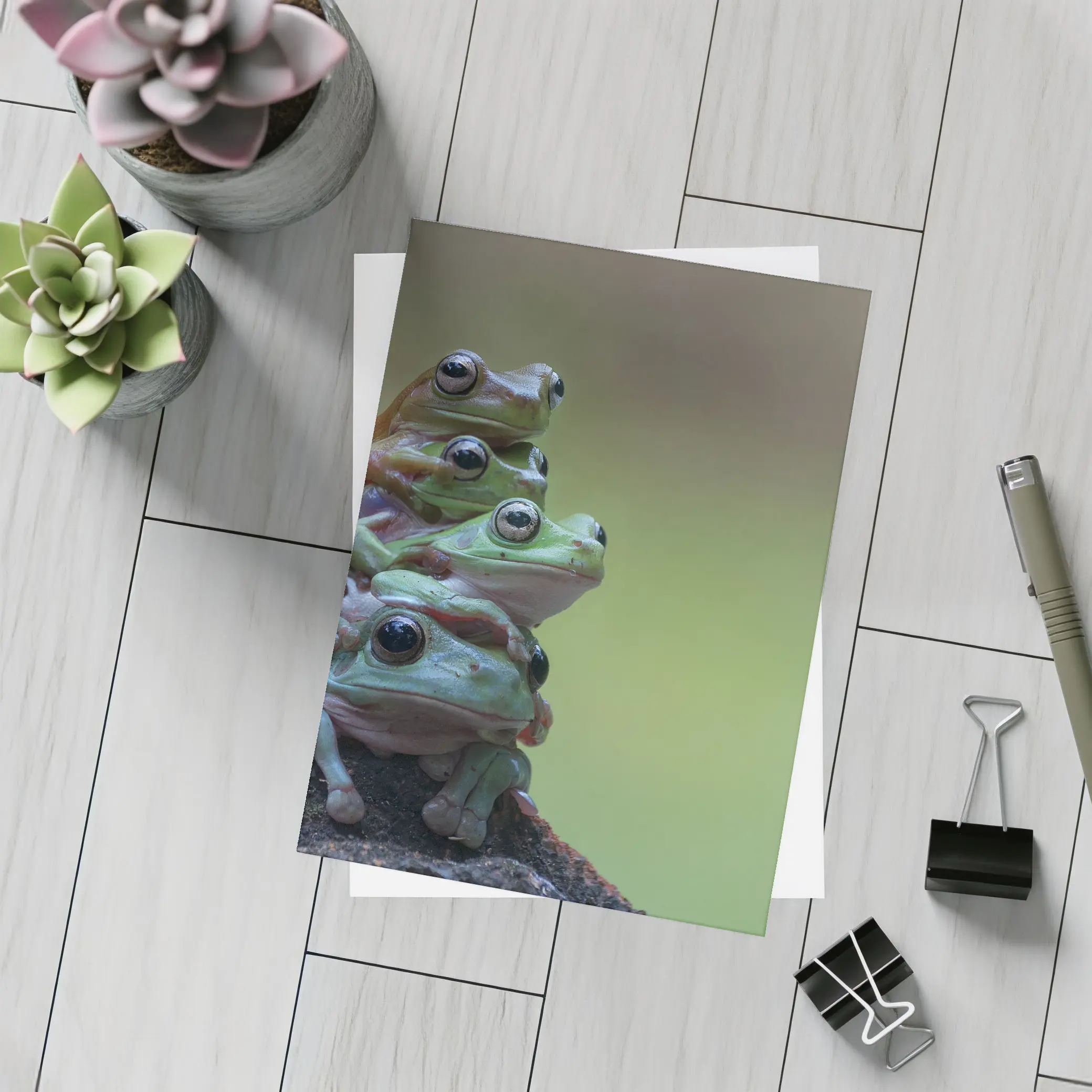 Three Green Tree Frogs Stacked Together – Postcards