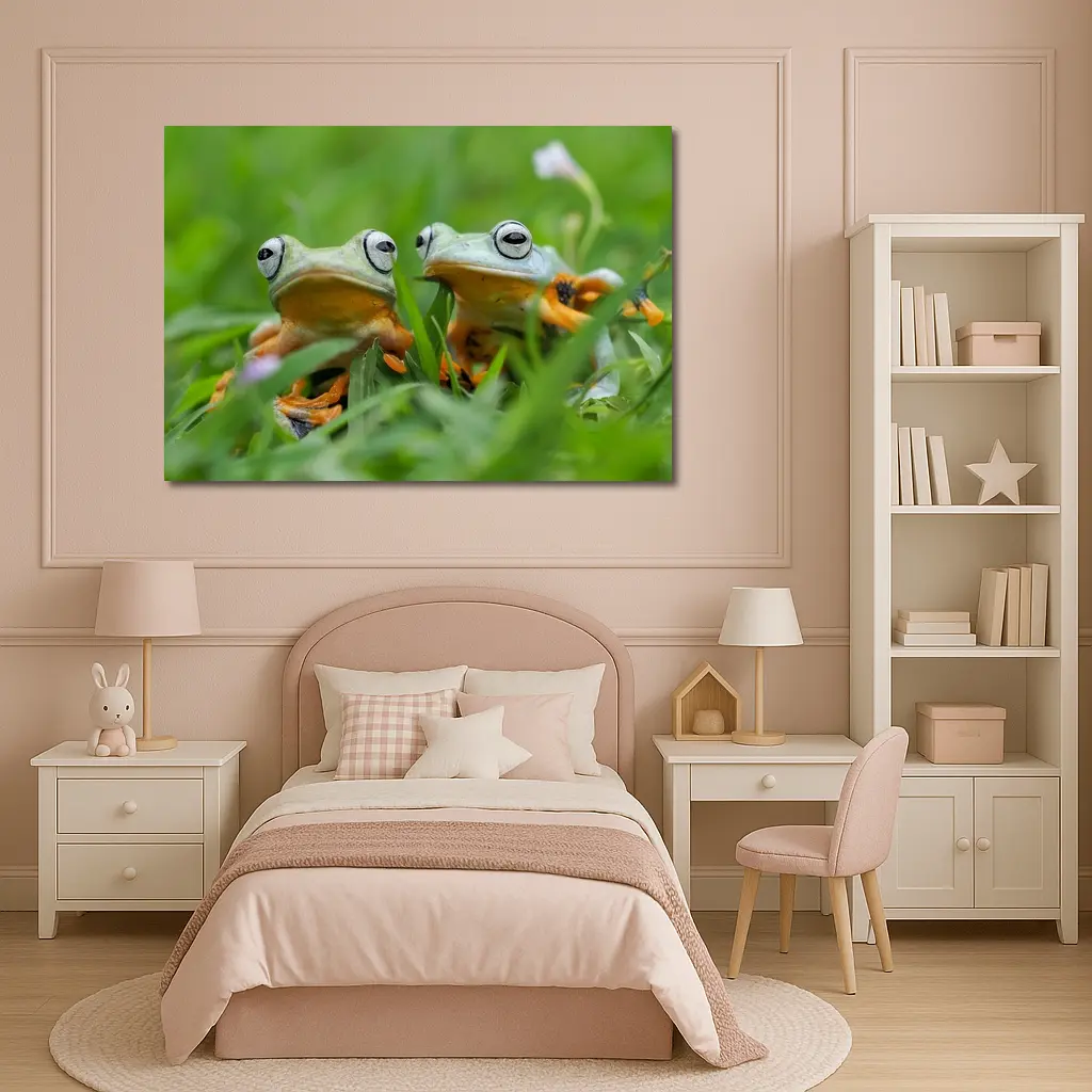 Two Tree Frogs Sitting in Green Grass – Wall Art