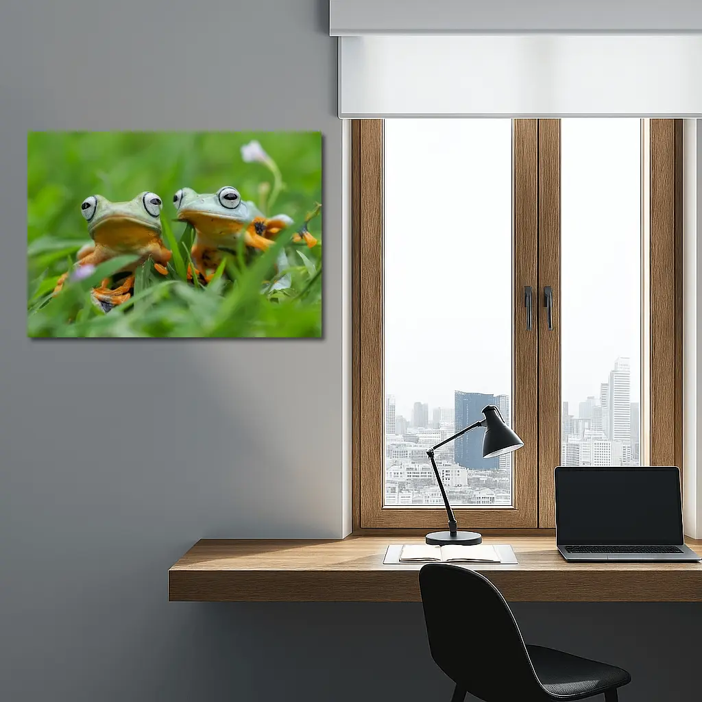 Two Tree Frogs Sitting in Green Grass – Wall Art