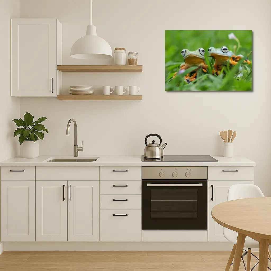 Two Tree Frogs Sitting in Green Grass – Wall Art