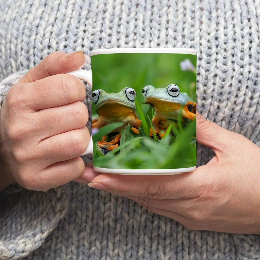 Two Tree Frogs Sitting in Green Grass – Mugs