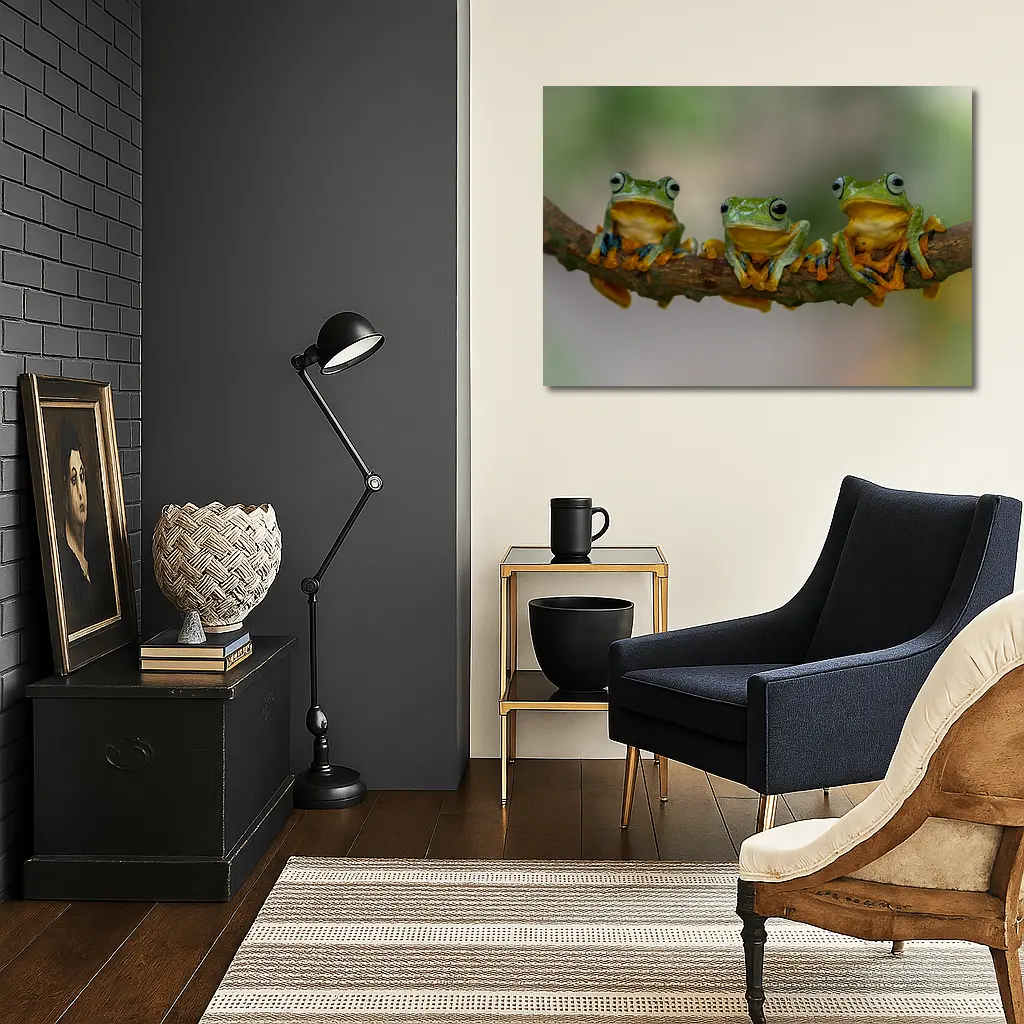 Three Green Tree Frogs On Branch – Wall Art