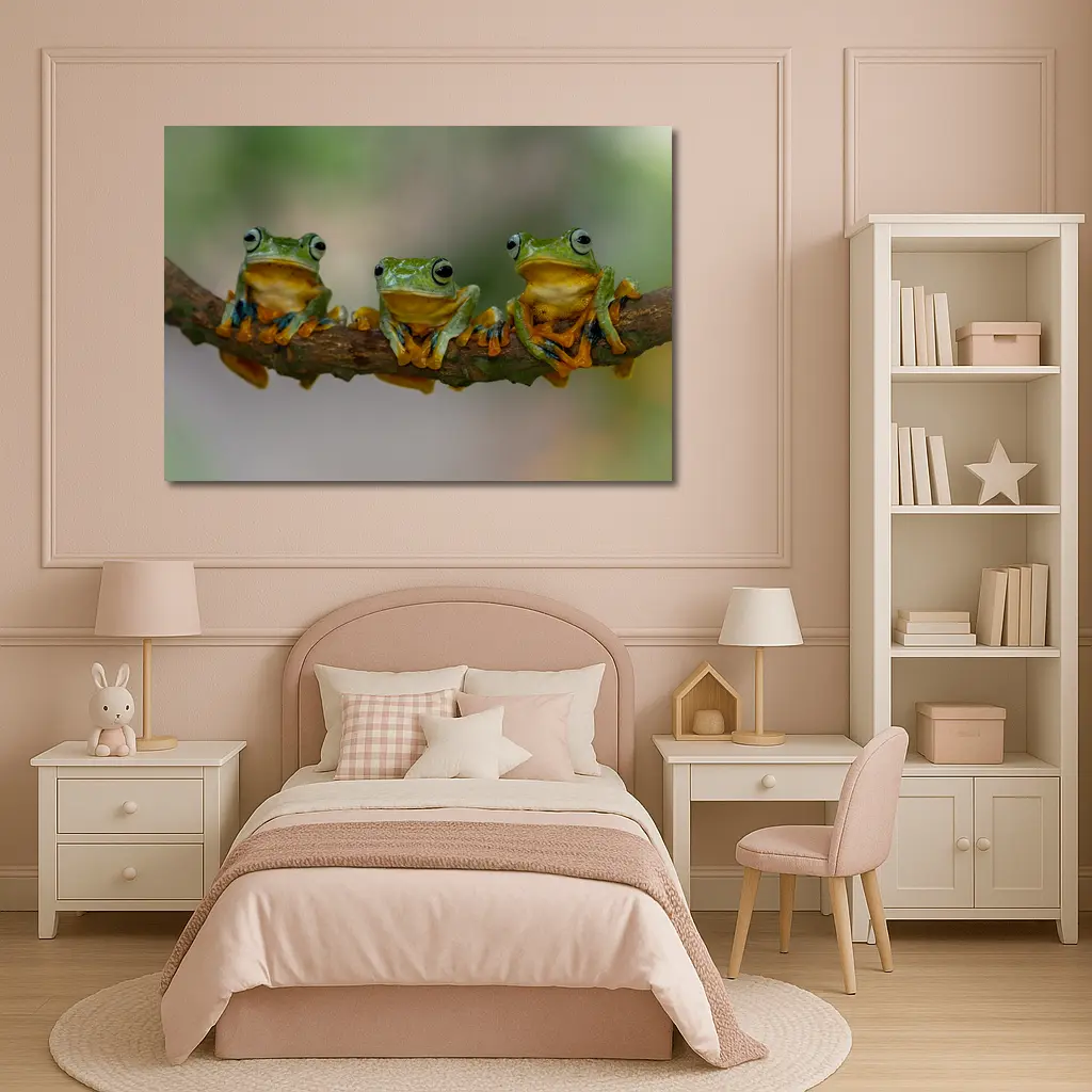 Three Green Tree Frogs On Branch – Wall Art