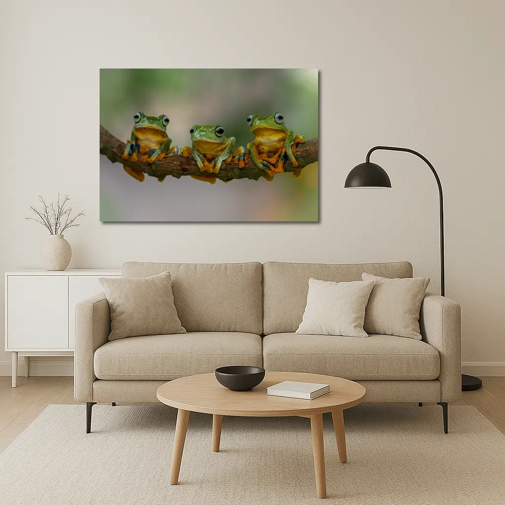 Three Green Tree Frogs On Branch – Wall Art