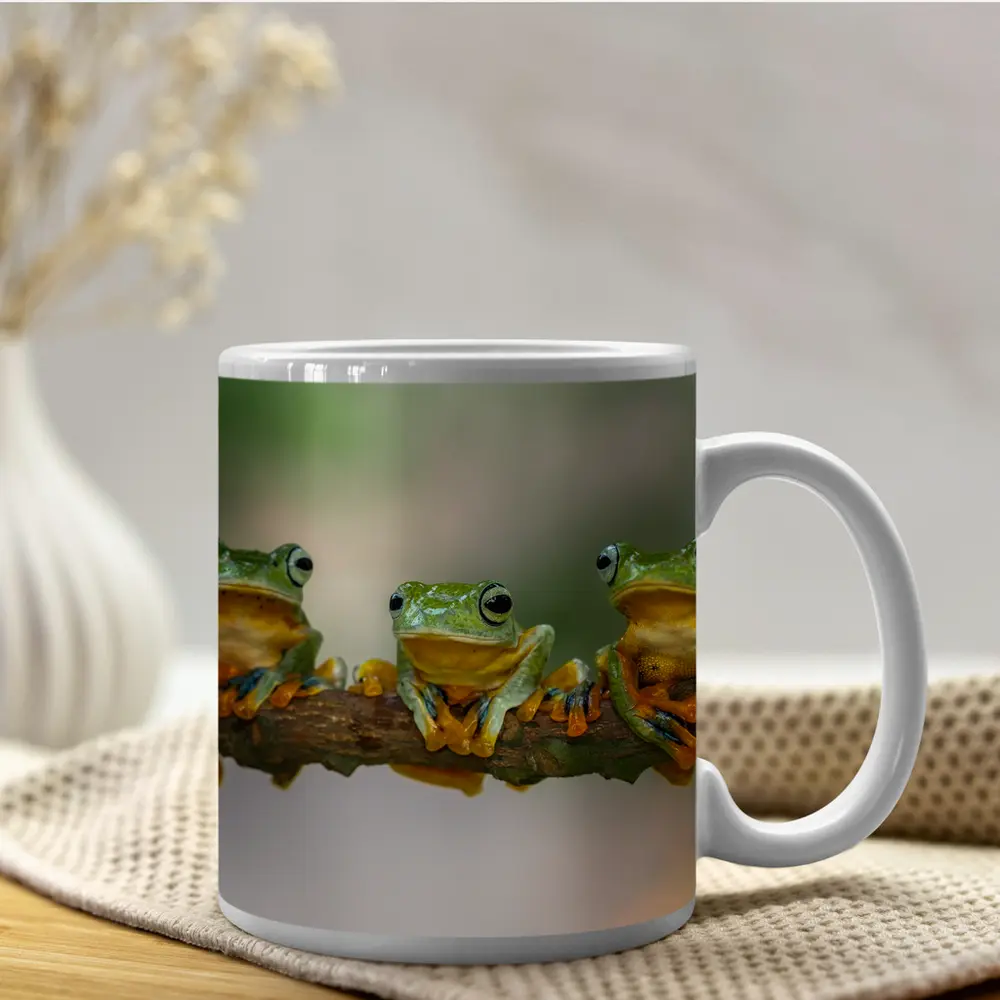 Three Green Tree Frogs On Branch – Mugs