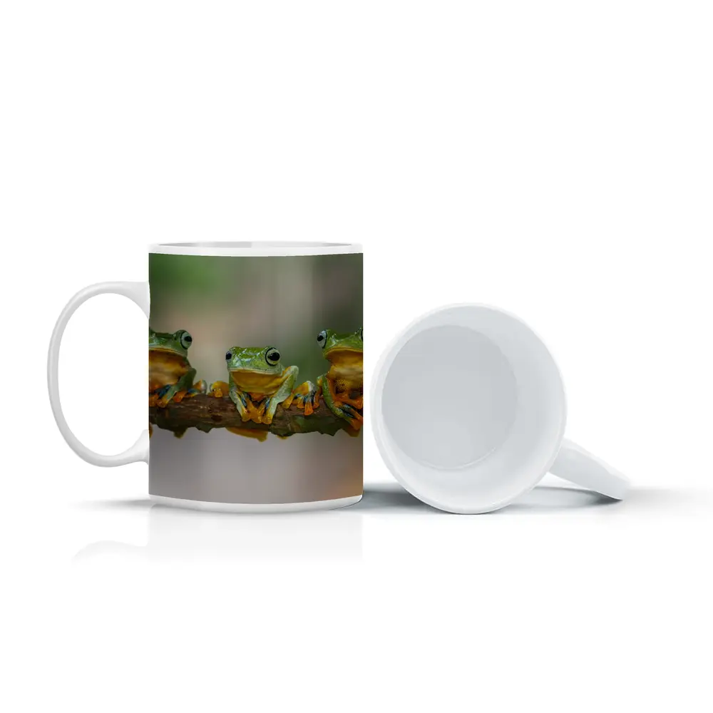 Three Green Tree Frogs On Branch – Mugs