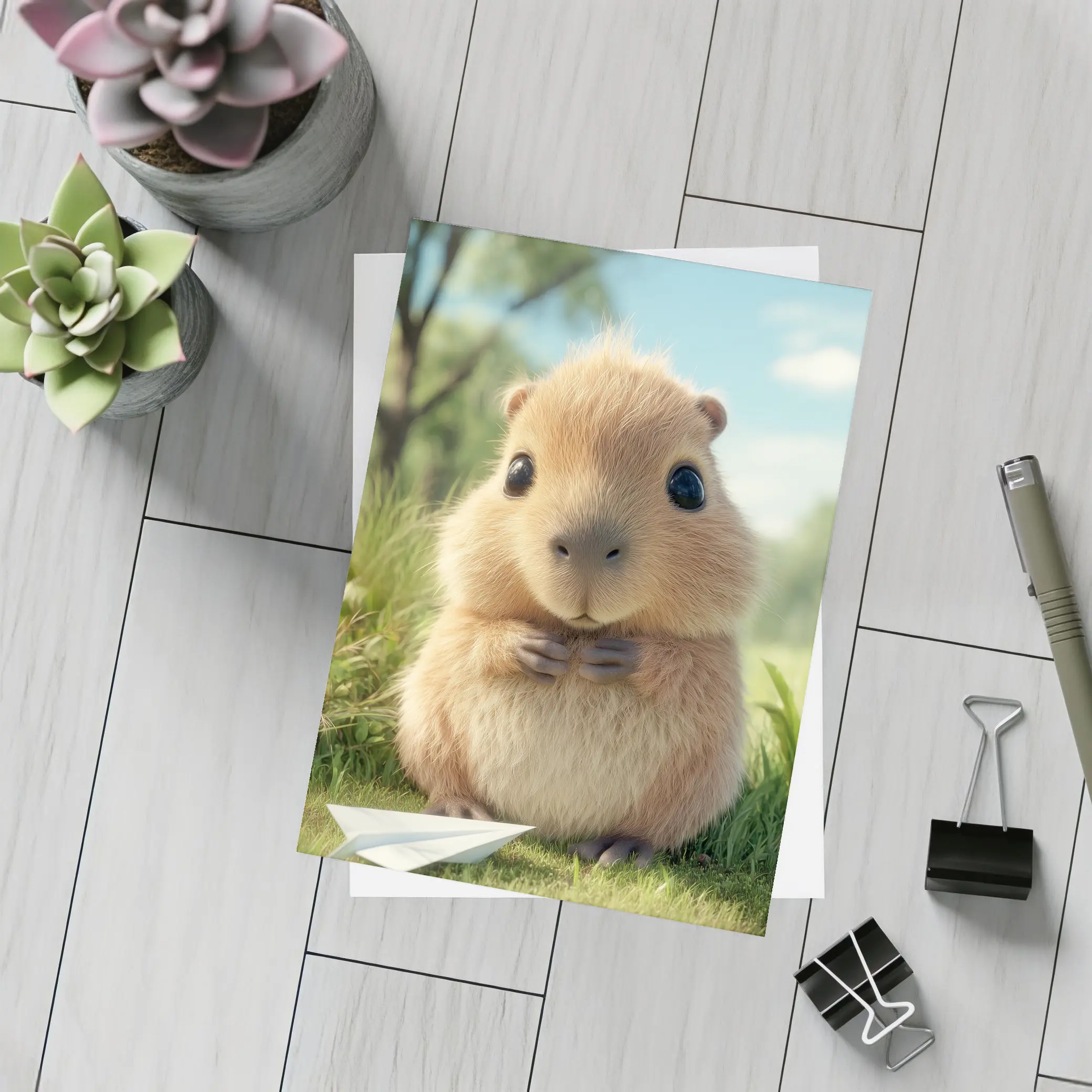 Cute Guinea Pig With Paper Airplane Outdoors – Postcards