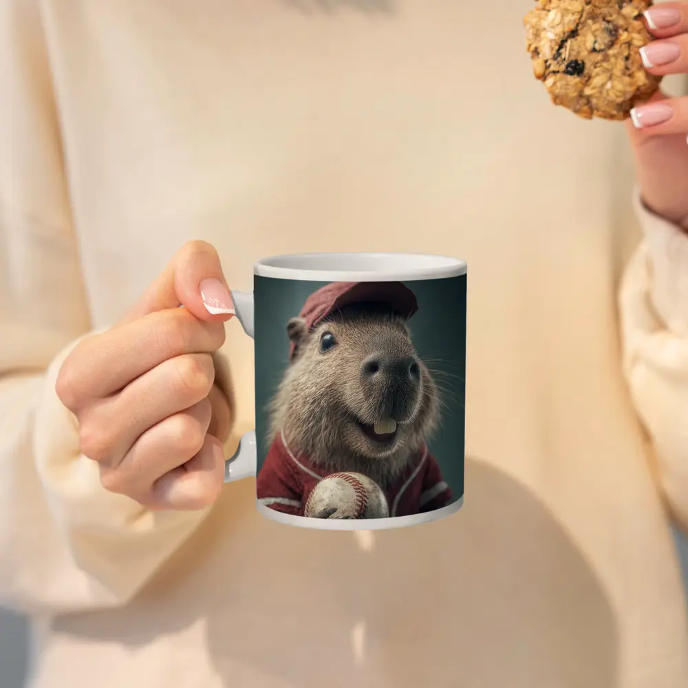Capybara Baseball Player Wearing Red Uniform – Mugs