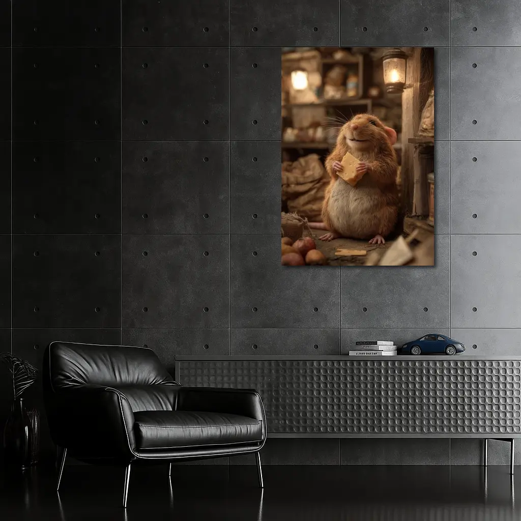 Happy Hamster Holding Cheese Rustic Cellar – Wall Art