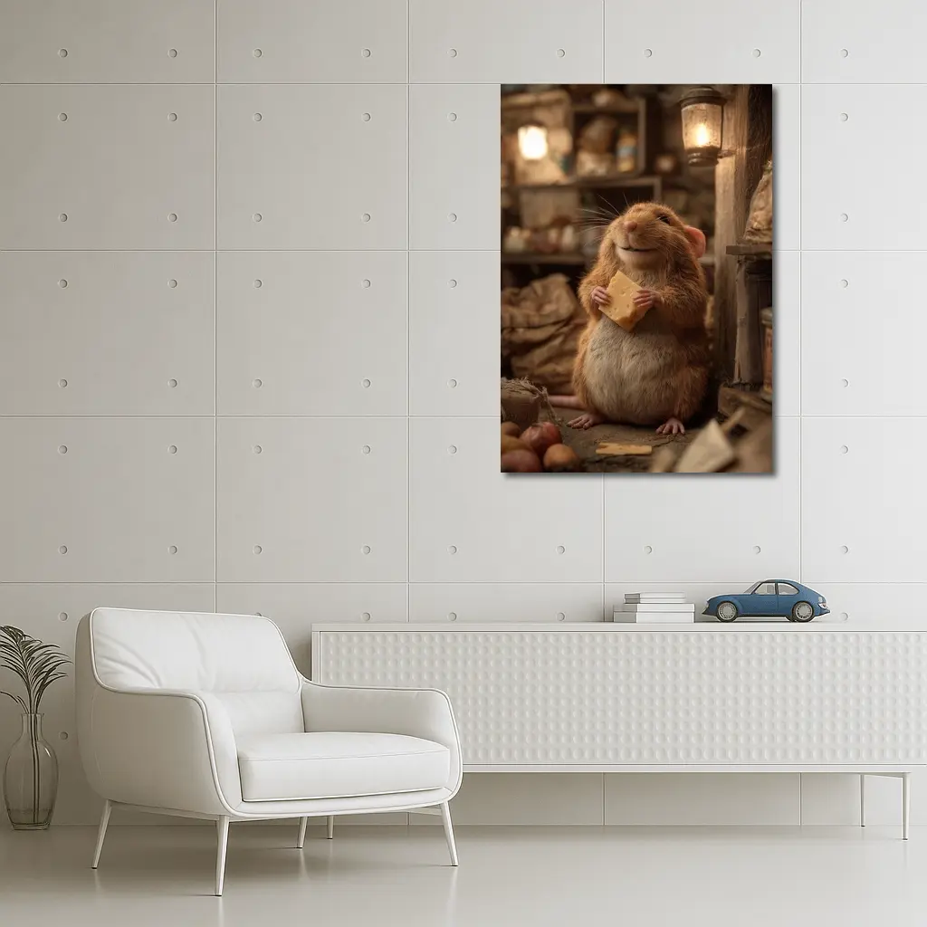 Happy Hamster Holding Cheese Rustic Cellar – Wall Art