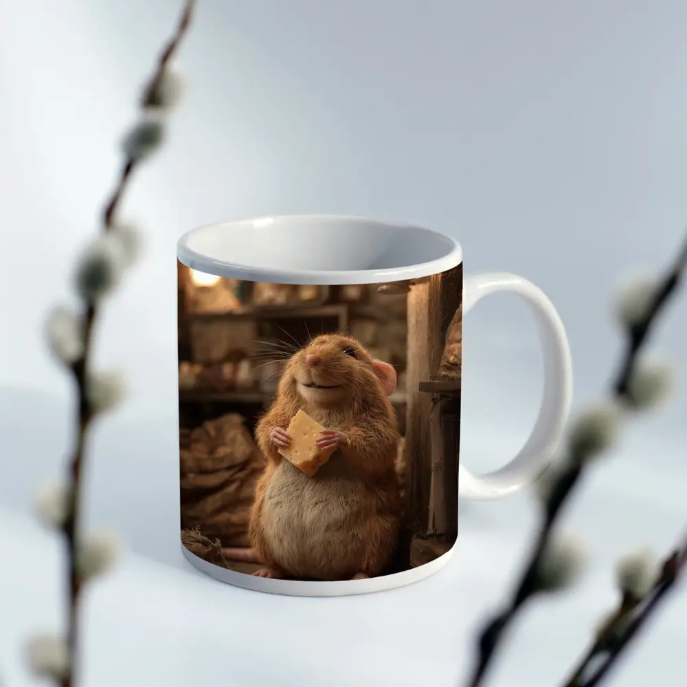 Happy Hamster Holding Cheese Rustic Cellar – Mugs