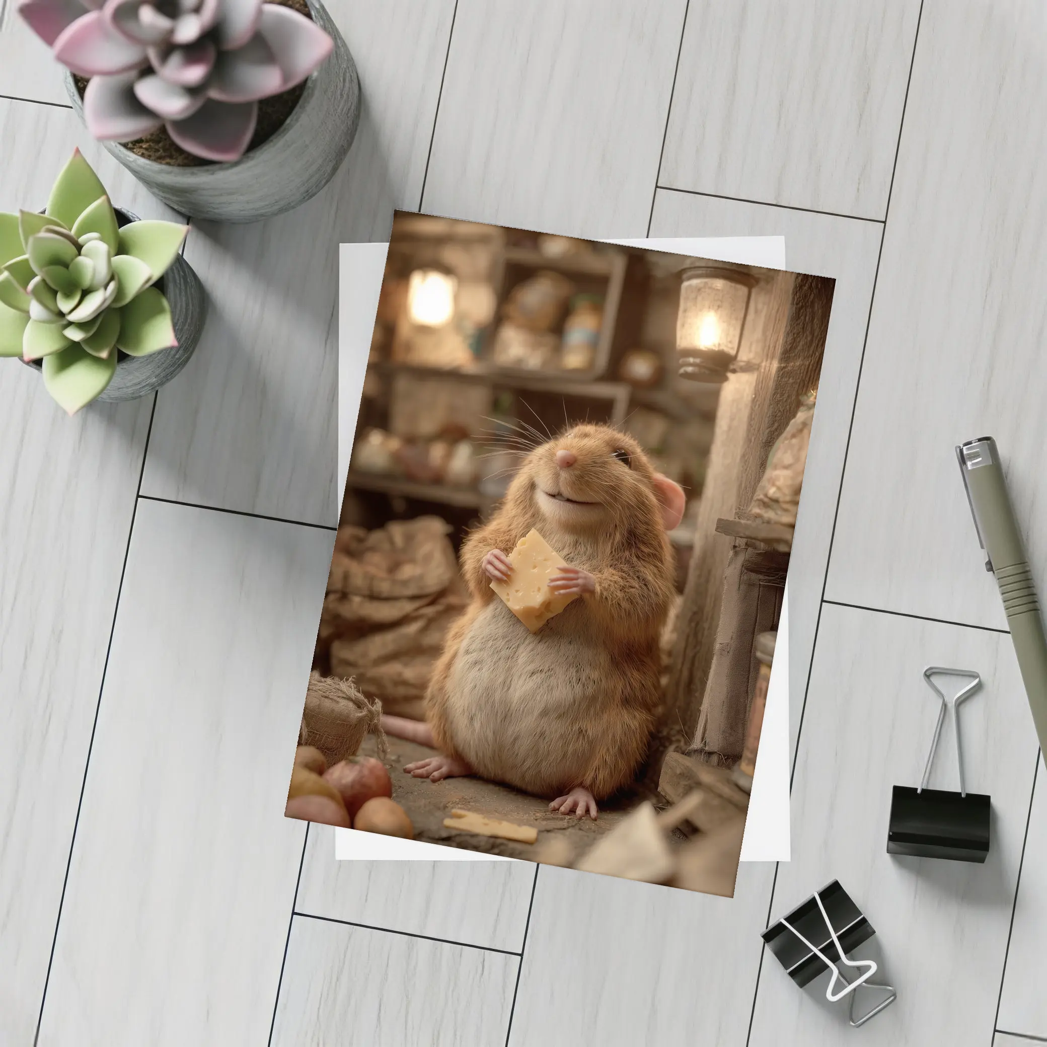 Happy Hamster Holding Cheese Rustic Cellar – Postcards