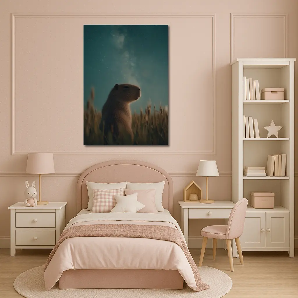 Capybara Sitting In Field Starry Night – Wall Art